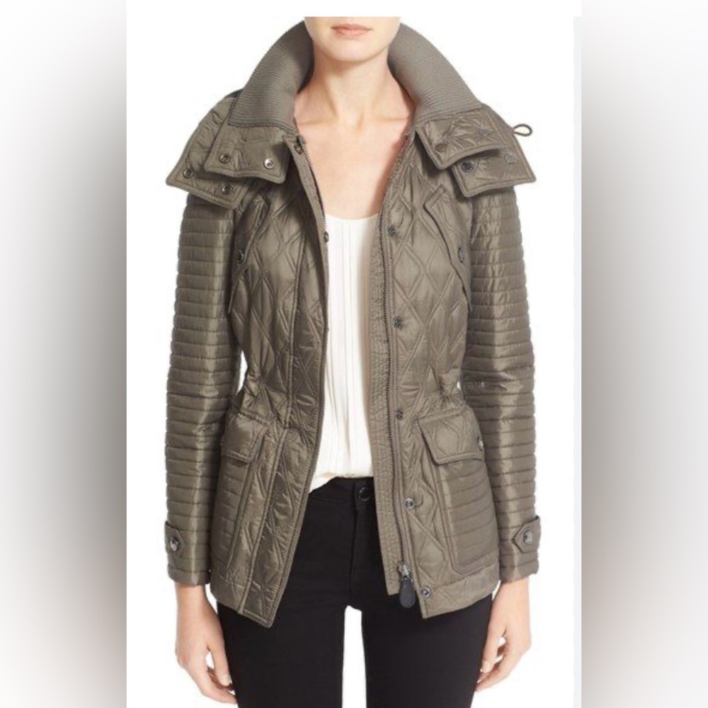Burberry Brit Bosworth Green Quilted Nova Check Lined Hooded Jacket; XS